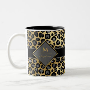 Trendiges Monogramm Leoparden Druck Schwarz Grau Zweifarbige Tasse