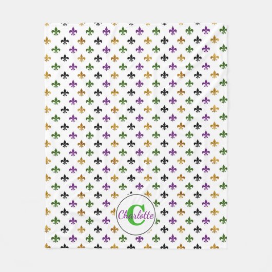 Trendiges Monogramm Mardi Gras Fleur De Lis Fleecedecke (Vorderseite)