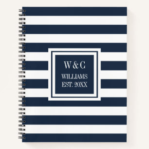 Trendiges Monogramm Navy Blau Streifen Familiennam Notizblock