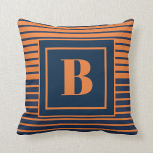 Trendiges Navy Blau Orange Gestreiftes Großes Mono Kissen