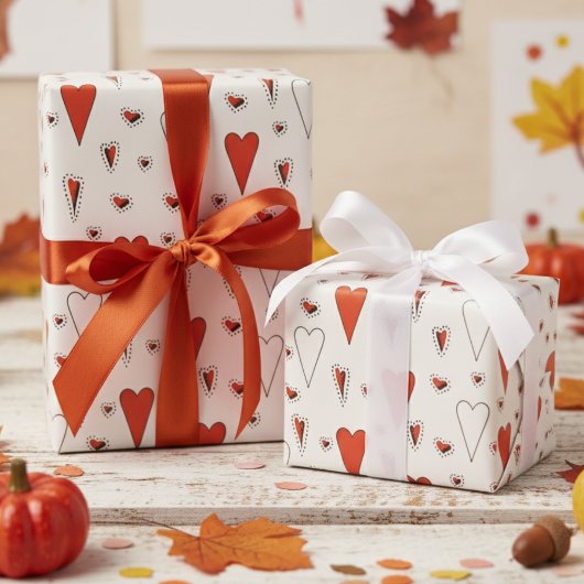 Trendiges Orange und Schwarzes Süßes Herz Muster Geschenkpapier