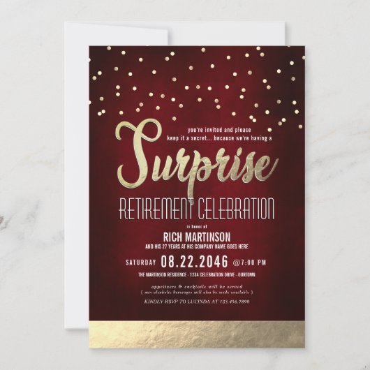 Trendiges Red/Gold Surprise Retirement Party Einladung (Vorderseite)