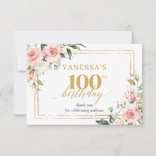 Trendiges Rosa-Blumen-Gold-Glitzer 100. Geburtstag Dankeskarte