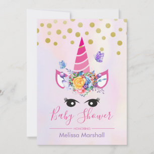Trendiges rosa Einhorn mit Blumen Baby Shower Einladung