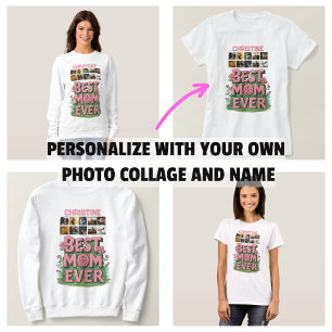 Trendiges rosa florales 10-Foto-Collage und Name T-Shirt
