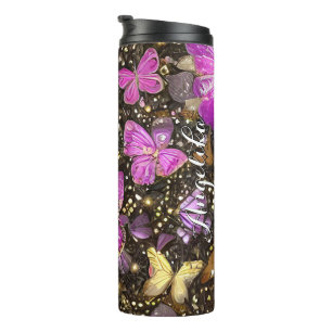 Trendiges Rosa, Gold und Schwarz Schmetterlinge Be Thermosbecher