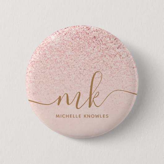 Trendiges Roségold Glitter Fancy Initialen und Nam Button (Vorderseite)