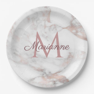 Trendiges Roségold-Marmor-Design-Monogramm-Muster Pappteller