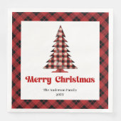 Trendiges rotes schwarzes Karo-Weihnachtsbaum-Tisc Serviette (Vorderseite)