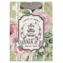 Trendiges rustikales Vintage-Caffee-Logo mit flora Klemmbrett
