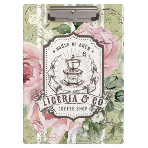 Trendiges rustikales Vintage-Caffee-Logo mit flora Klemmbrett
