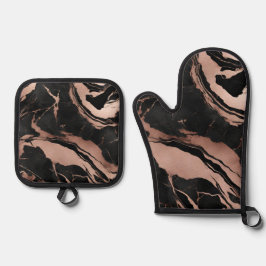 Trendiges Schwarz-Roségold-Marmor Ofenhandschuh & Topflappen-Set