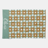 Trendiges Teal Karamell Retro Groovy Blumen Nahtlo Geschirrtuch (Horizontal)