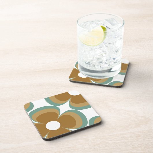 Trendiges Teal Karamell Retro Groovy Blumen Nahtlo Getränkeuntersetzer (Rechte Seite)