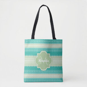 Trendiges Teal Neo Mint Grün Strickmuster und Name Tasche