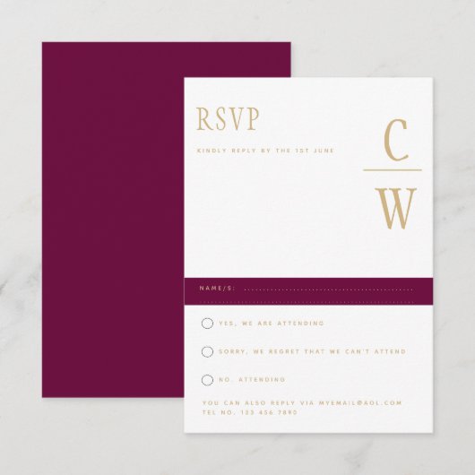 Trending Modern Berry Wine Gold Wedding RSVP Karte (Vorne/Hinten)