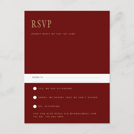 Trending Modern Burgundy Gold Wedding RSVP Postca Postkarte (Vorderseite)