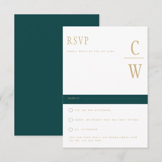 Trending Peacock AQUAMARIN Green Gold Wedding RSVP Karte (Vorne/Hinten)