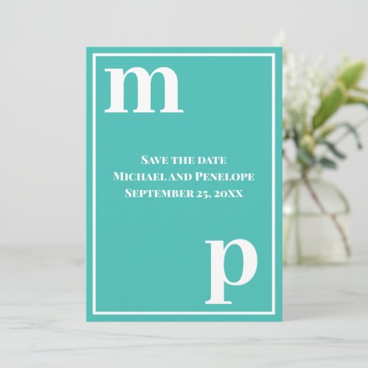 Trendly Lower Case Monogram Türkis Save the Date Einladung (Stehend Vorderseite)