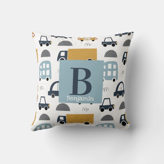 Trendpastellblau Baby Monogram Car Pattern Kissen (Rückseite)