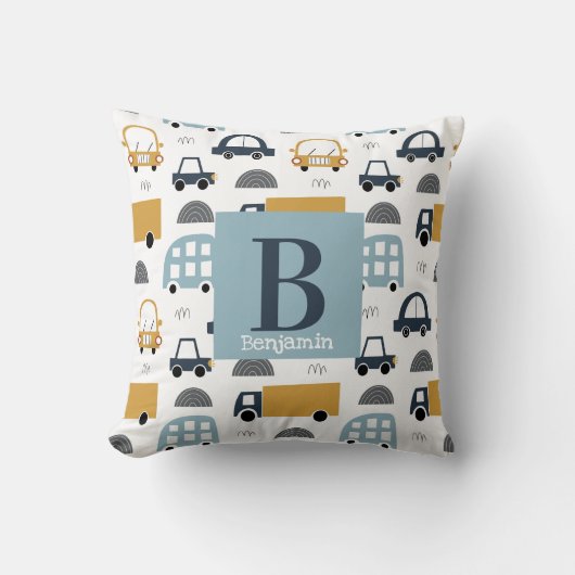 Trendpastellblau Baby Monogram Car Pattern Kissen (Vorderseite)