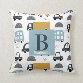 Trendpastellblau Baby Monogram Car Pattern Kissen