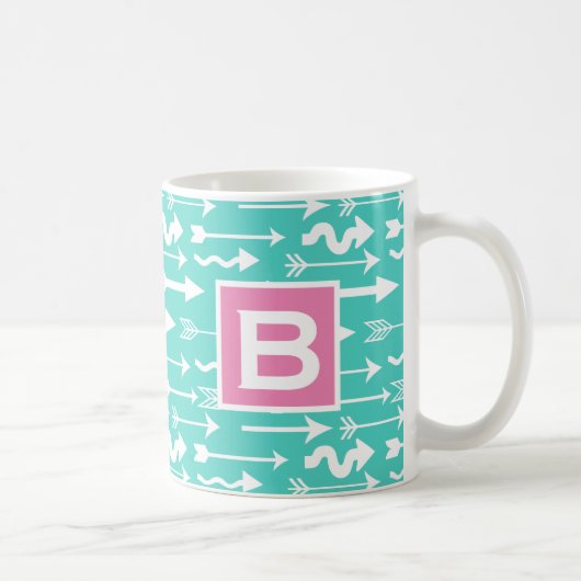 Trendpfeile Muster Aquamarin und rosa Monogramm Kaffeetasse (Rechts)