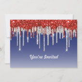 Trendred White and Blue Glitzer Tropfens Birthday Einladung (Vorderseite)