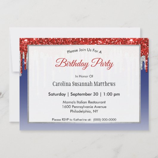 Trendred White and Blue Glitzer Tropfens Birthday Einladung (Rückseite)
