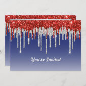 Trendred White and Blue Glitzer Tropfens Birthday Einladung (Vorne/Hinten)