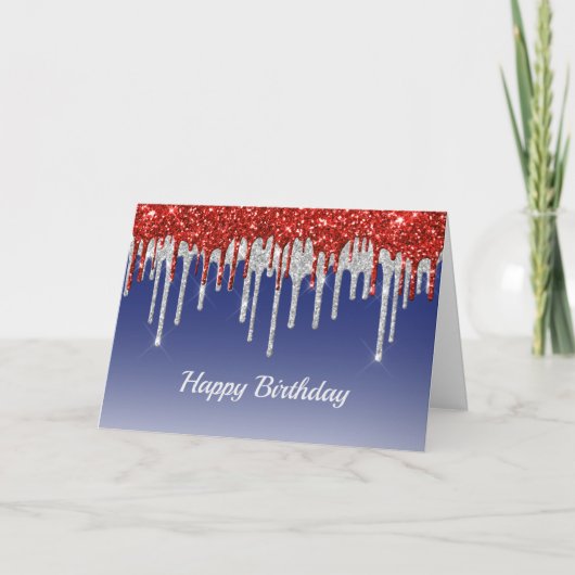 Trendred White and Blue Glitzer Tropfens Birthday Karte (Vorderseite)