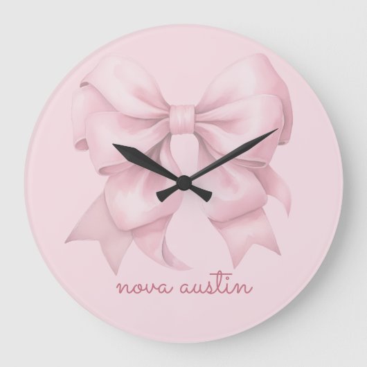 Trendrosa Bow Personalisiert mit Name Monogram Große Wanduhr (Vorderseite)