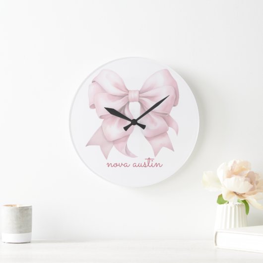 Trendrosa Bow Personalisiert mit Name Monogram Große Wanduhr (Zuhause)