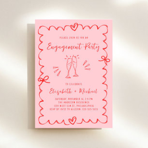 Trendrosa Red Wavy Frame Engagement Party Einladung