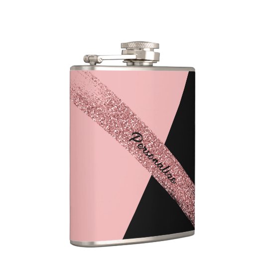 Trendrosa Schwarzer Glitzer Personalisiert Chic Gl Flachmann (Rechts)