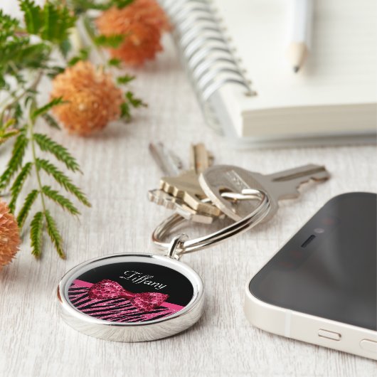 Trendrosa Zebra Print IMITATE Glitz Bow mit Namen Schlüsselanhänger (Seite)
