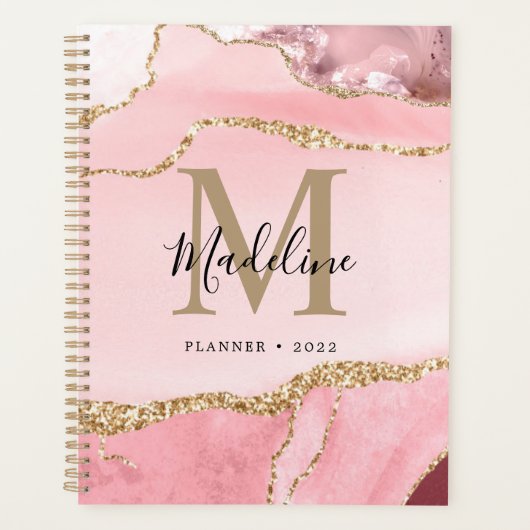 Trendrot Pink Agate Geode Gold Script Monogram Planer (Vorderseite)