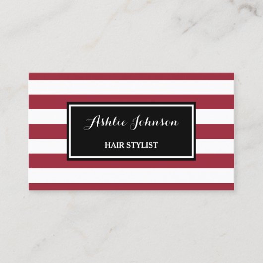 Trendrot und weiße Streifen Salon Hair Stylist Visitenkarte (Vorderseite)