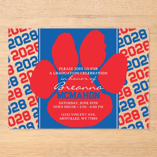 Trendroter und blauer Abschluss Pawprint Clear Acryleinladungen (Vorderseite)