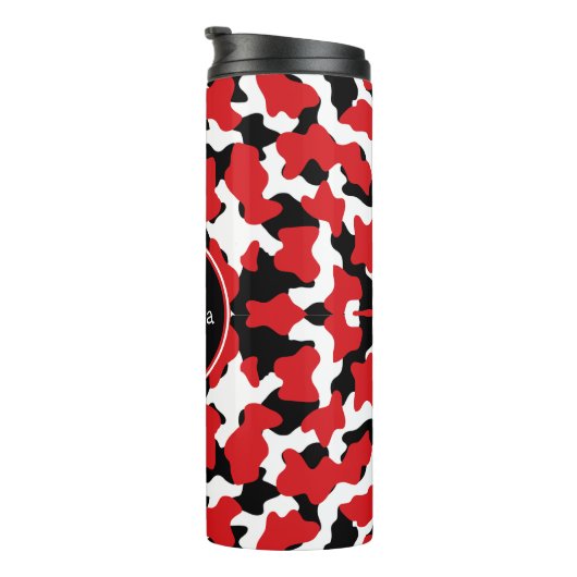 Trendrotes Schwarzes Kuh Print Monogram Thermosbecher (Nach rechts gedreht)