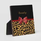Trendschwarz und Gold Leopard Print Red Ribbon Bow Fotoplatte (Vorderseite)