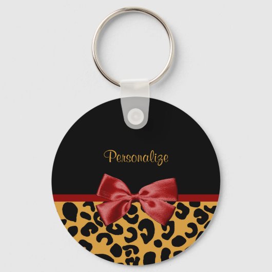 Trendschwarz und Gold Leopard Print Red Ribbon Bow Schlüsselanhänger (Vorderseite)