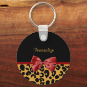 Trendschwarz und Gold Leopard Print Red Ribbon Bow Schlüsselanhänger (Vorderseite)