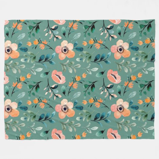 Trendtürkisfarbene Wildblumen Boho niedlich Fleecedecke (Vorderseite (Horizontal))