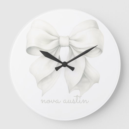 Trendweißer Bow Personalisiert mit Name Monogram Große Wanduhr (Vorderseite)