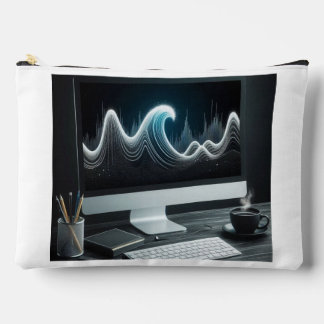 Trendwelle im PC-Monitor mit Tasse Tee Zubehörtasche