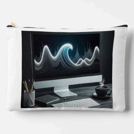 Trendwelle im PC-Monitor mit Tasse Tee Zubehörtasche (Vorderseite)