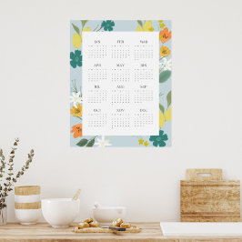 Trendy 2025 Pastel Blue Wildblume Full Calendar Poster