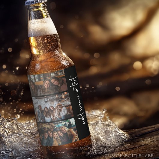 Trendy 3 Fotos Schwarz & Weiß, moderne Skriptnamen Bierflaschenetikett