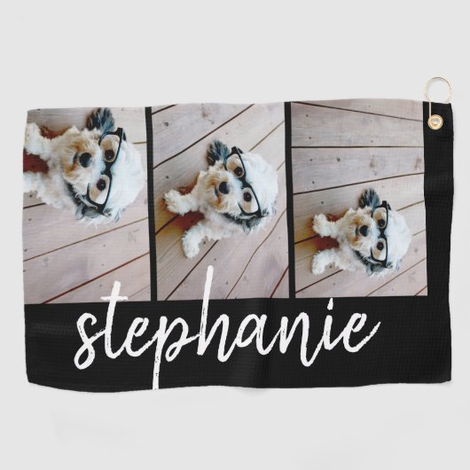 Trendy 3 Fotos schwarz - weißer, moderner Script-N Golfhandtuch (Horizontal)